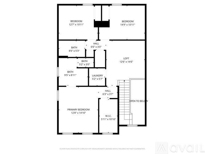 A floor plan for a home with a primary bedroom, two bathrooms, a laundry area, and a loft.