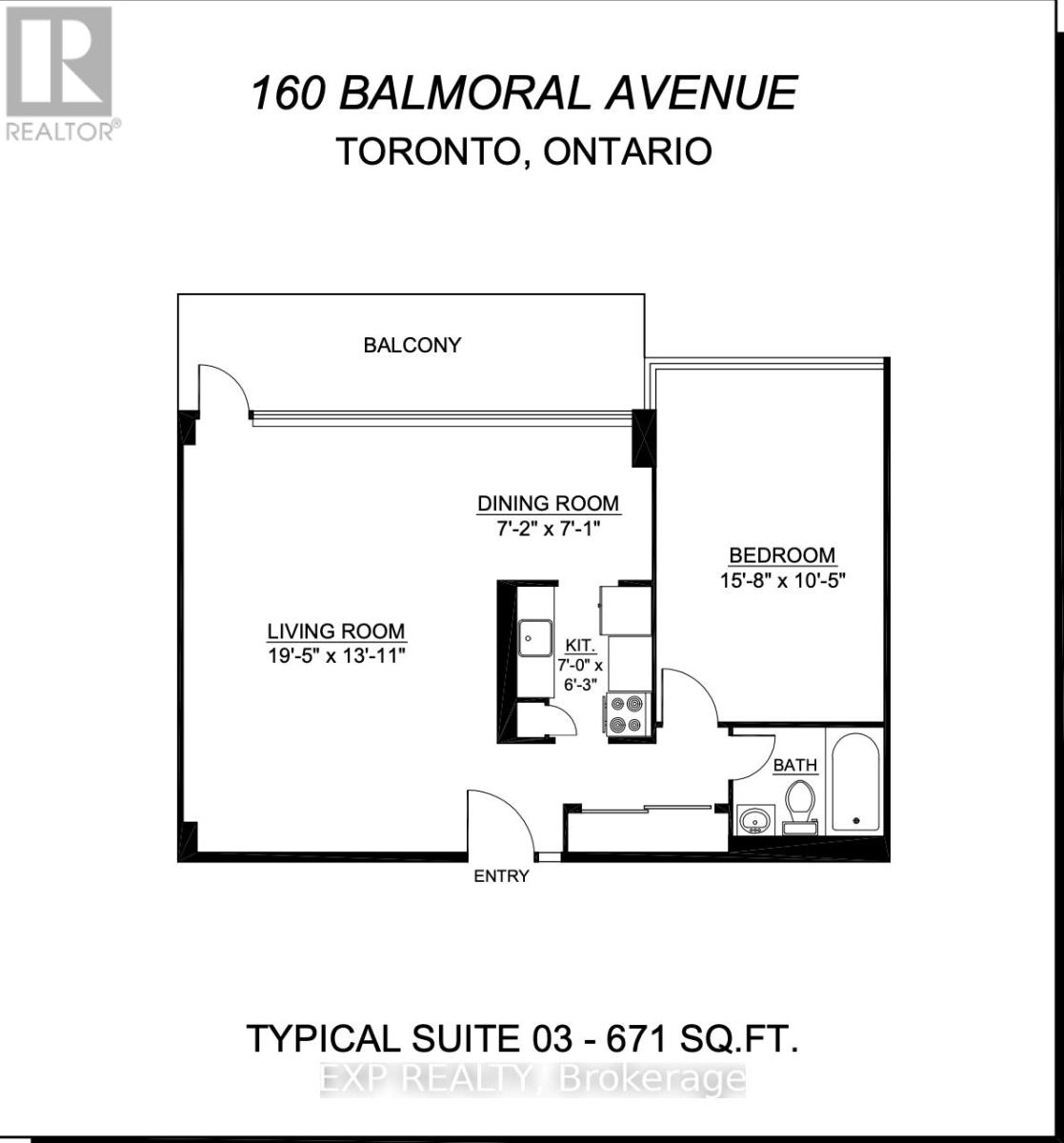 A floor plan for a typical suite at 160 Balmoral Avenue in Toronto, Ontario.