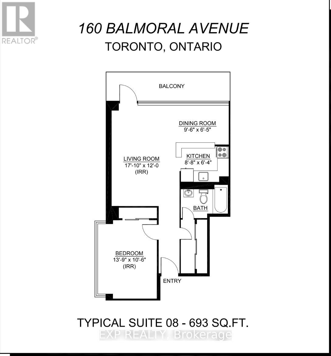 A floor plan for a typical suite at 160 Balmoral Avenue in Toronto, Ontario.