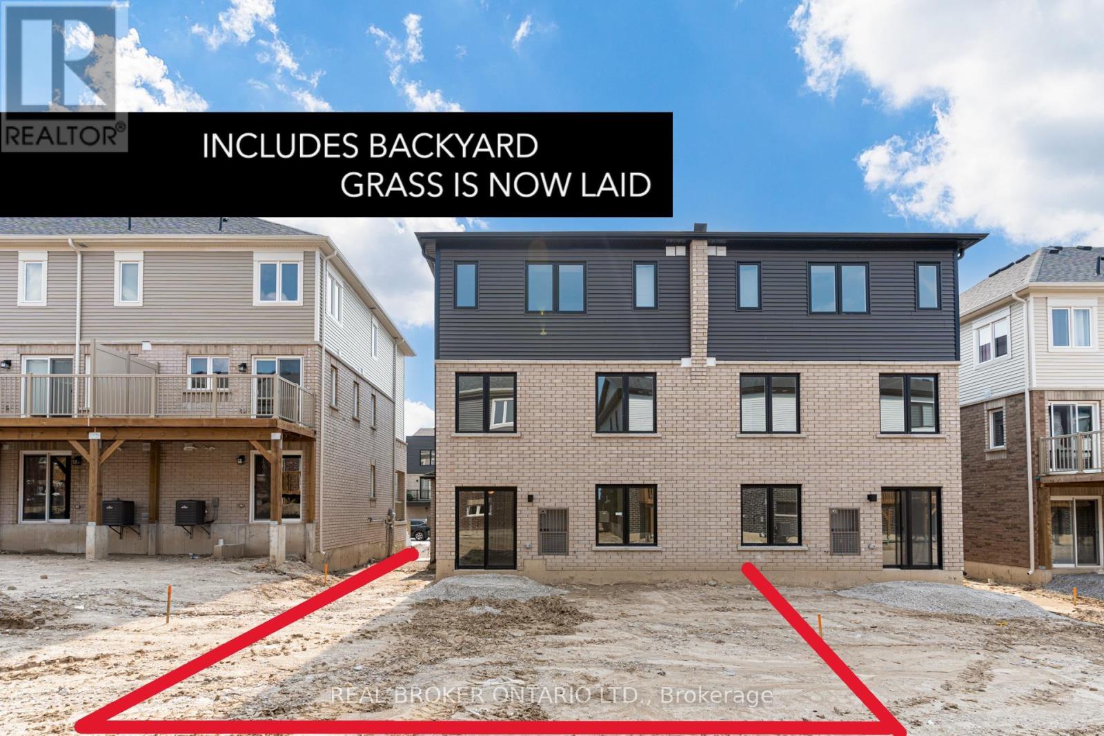 A real estate advertisement showing a row of houses with a red line indicating a lawn area.