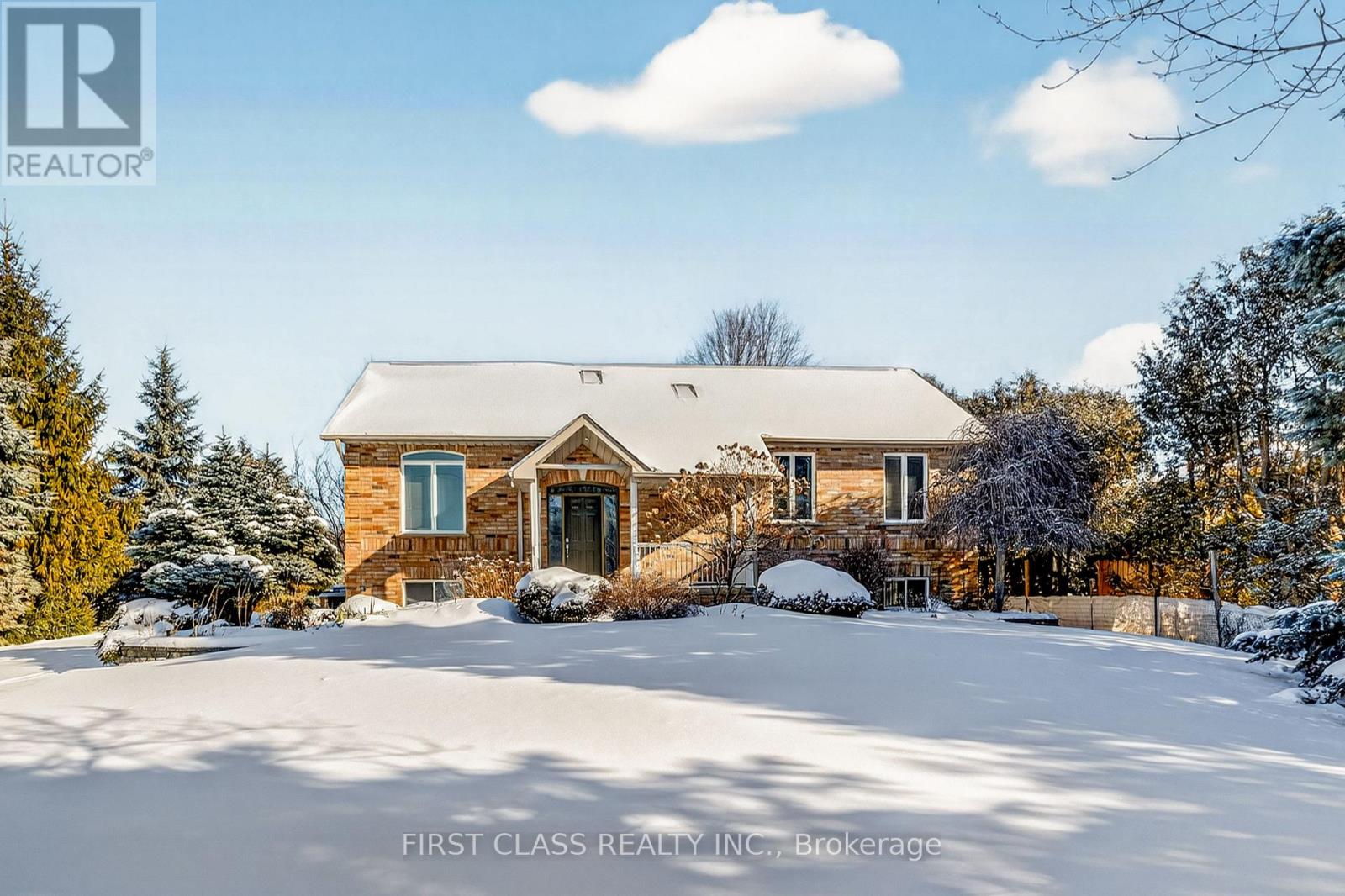 A house with a snowy front yard and trees in the background.