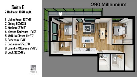 A floor plan of a 290 Millennium suite with 2 bedrooms and 9 other rooms.