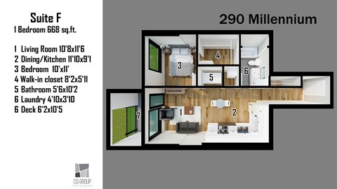 A floor plan for a 290 Millennium suite with a living room, dining room, kitchen, bedroom, bathroom, laundry, and deck.