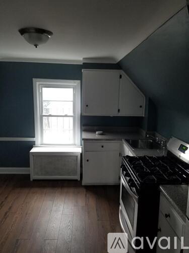 A kitchen with a stove and a window.