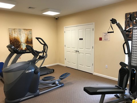 A gym with a treadmill, elliptical trainer and a weight machine.