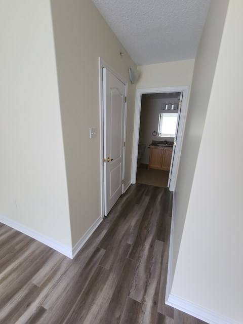 A hallway with a white door and a brown wood floor.