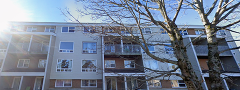 A tall apartment building with a tree in the foreground.