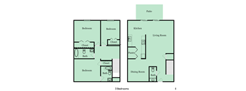 A floor plan of a house with 3 bedrooms, a kitchen, a living room, a dining room, a pantry, and a bathroom.