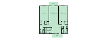A floor plan of a house with a kitchen, living room, and three bedrooms.