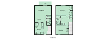 A floor plan of a two bedroom apartment with a living room, kitchen, dining room, and bathroom.