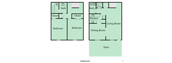 A floor plan of a house with two bedrooms, a living room, a dining room, a kitchen, a bathroom, and a laundry area.