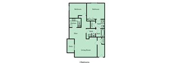 A floor plan of a house with two bedrooms, a living room, a kitchen, a dining area, a bathroom with a tub and a toilet, and a patio.