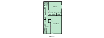 A floor plan of a 1 Bedroom apartment.