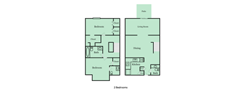 A floor plan of a two bedroom apartment with a living room, dining room, kitchen, and bathrooms.