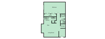 A floor plan of a house with a bedroom, closet, kitchen, dining area, storage, and living room.