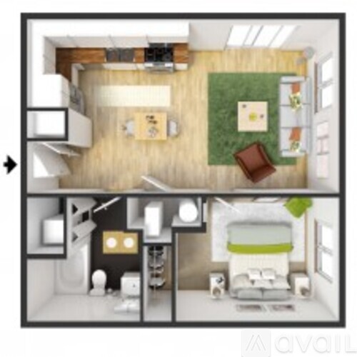 A floor plan of a small apartment with a bedroom, living room, and kitchen.
