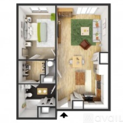 A floor plan of a small apartment with a kitchen, living room, and bathroom.