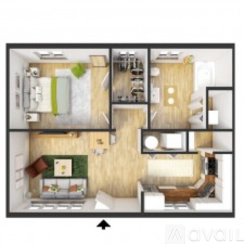 A floor plan of a modern apartment with a kitchen, living room, and bathroom.