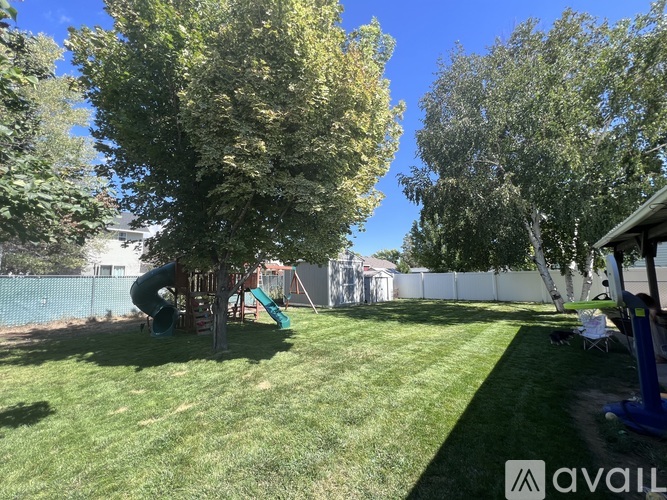 A backyard with a green slide and trees.