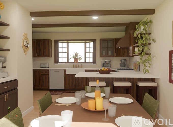 A dining room with a table set for two with a bottle of wine and a candle.