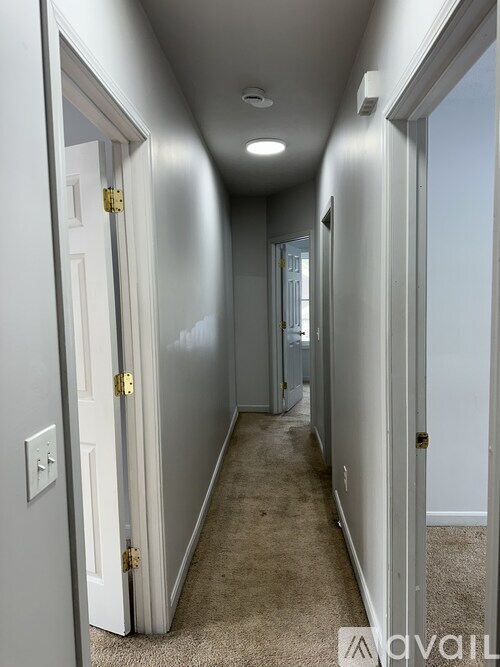 A hallway with white doors and carpeted floors.