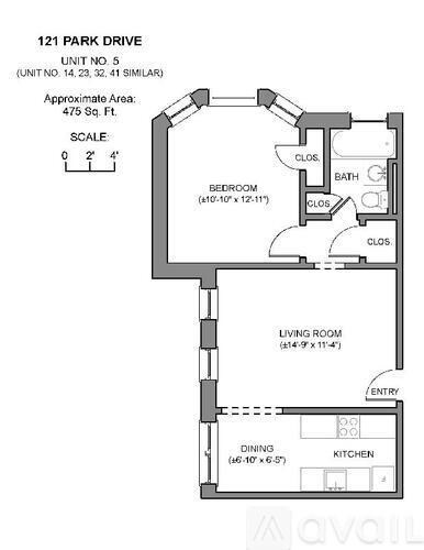 A floor plan for a 475 square foot apartment with a bedroom, living room, dining room, kitchen, and bathroom.