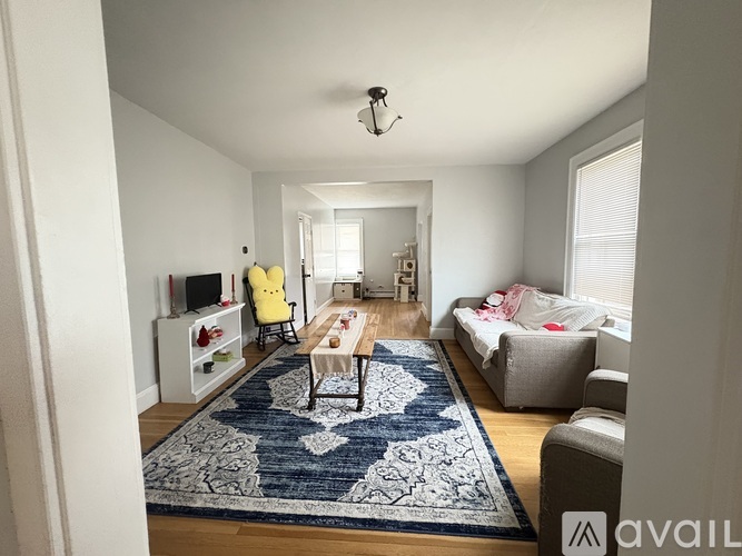 A living room with a rug, a sofa, a chair, a television and a window.