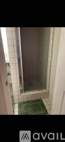 A bathroom with a glass shower door and a green bath mat.