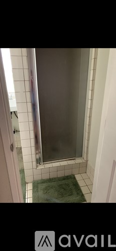 A bathroom with a glass shower door and a green bath mat.