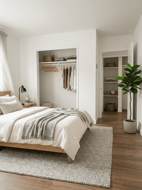 A bedroom with a bed, a plant, and a wardrobe.