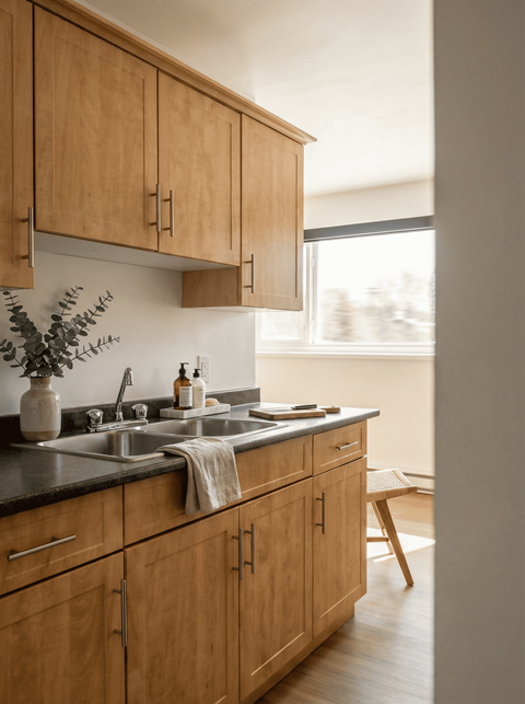 A kitchen with wooden cabinets and a black countertop.