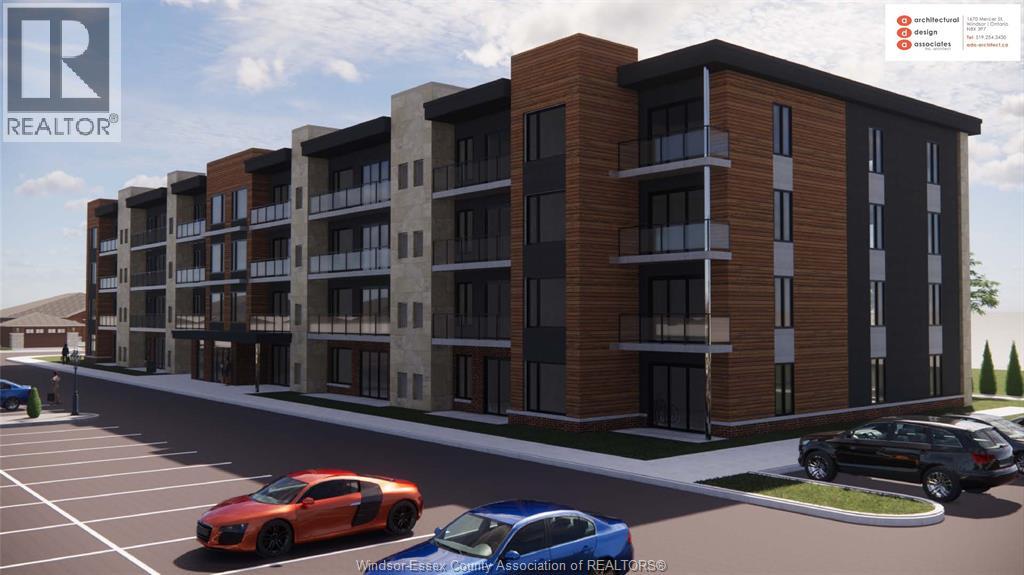 A rendering of a modern apartment complex with cars parked in the foreground.