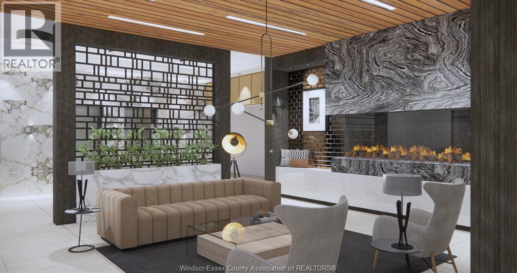 A modern living room with a large couch and a fireplace.