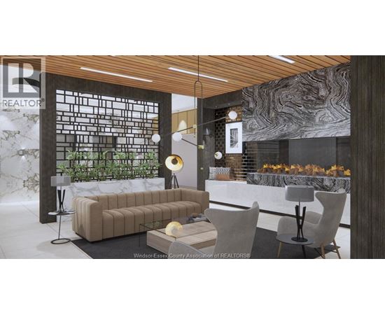 A modern living room with a large couch and a fireplace.