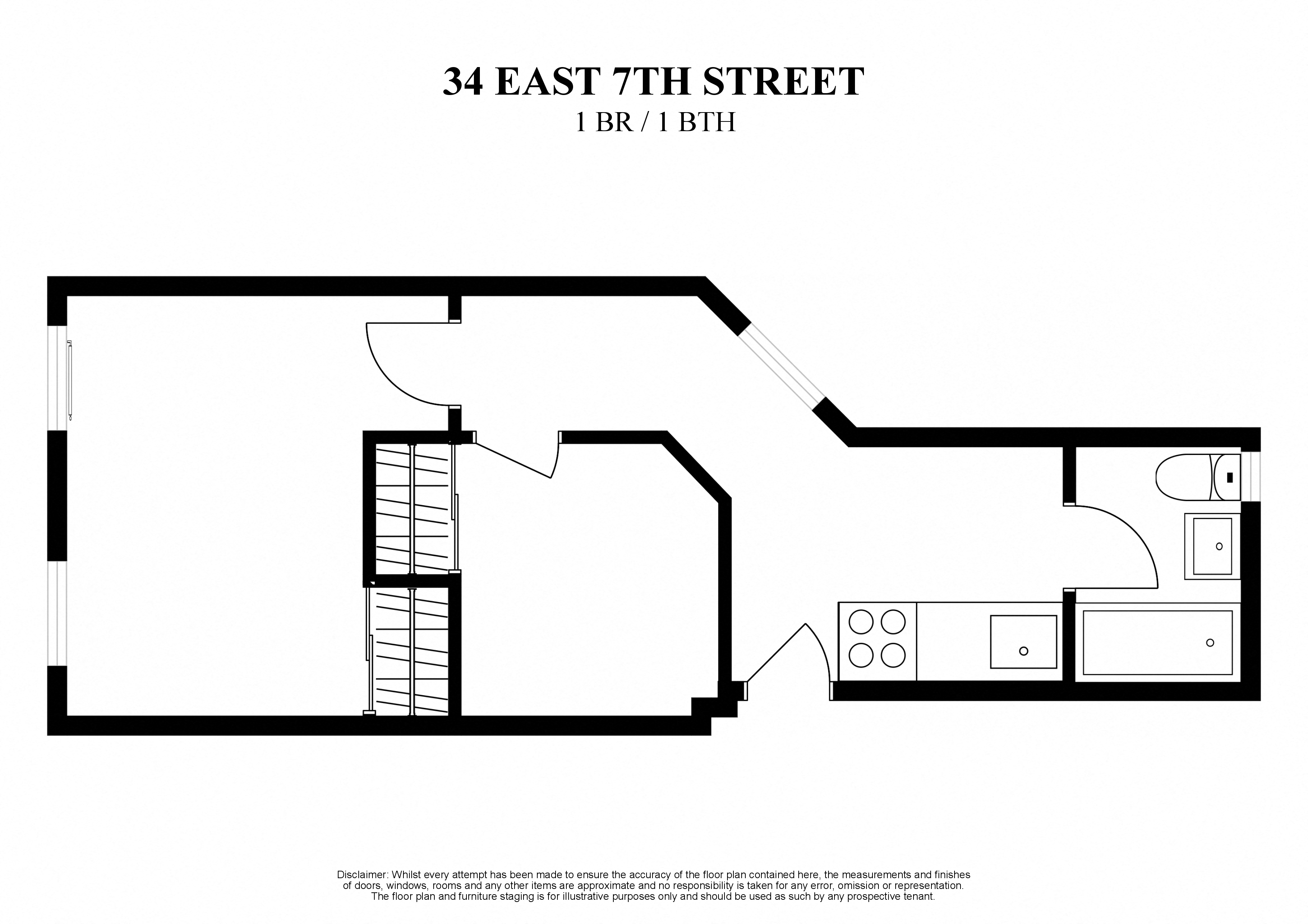 2D floor plan of one bedroom and one bathroom at 34 East 7th Street New York