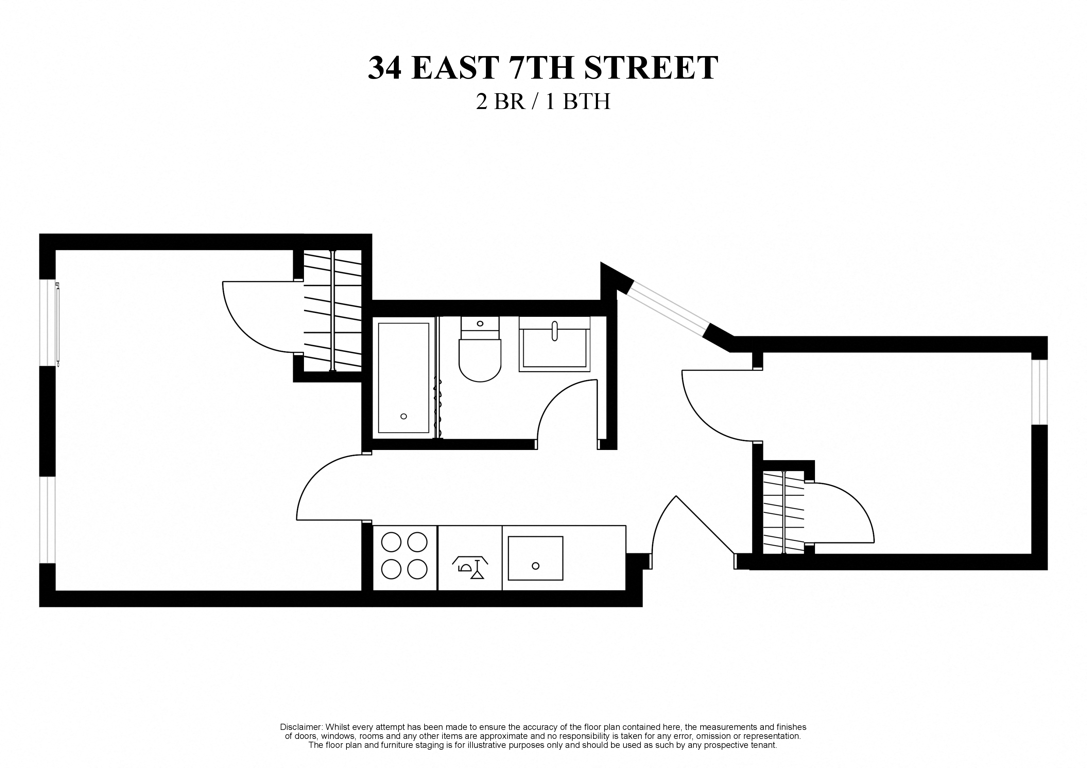 2D floor plan for 2 bedroom one bath at 34 East 7th Street New York