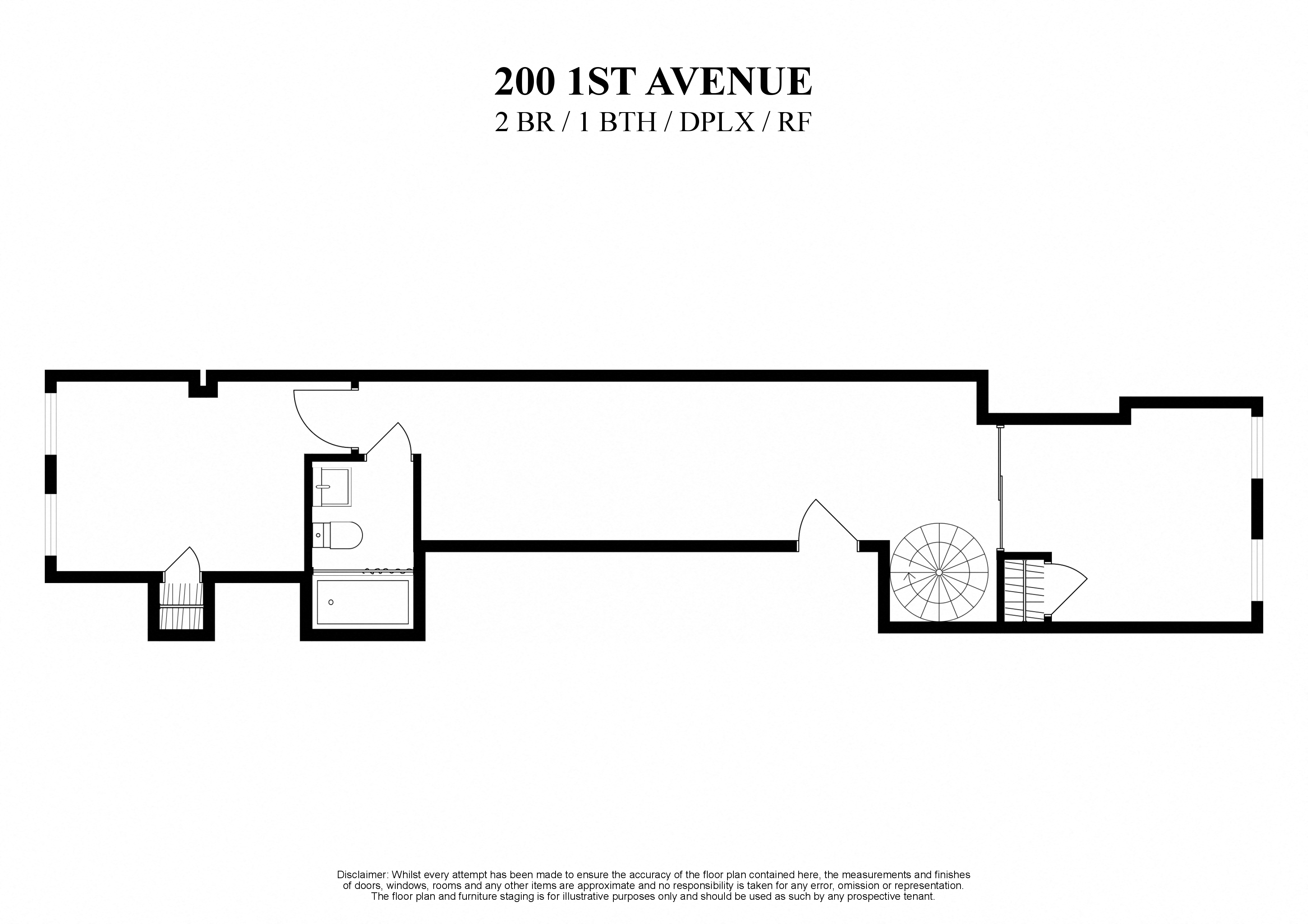 2D Floor plan of 2 bedroom one bath duplex with private roof deck at 200 first avenue New York