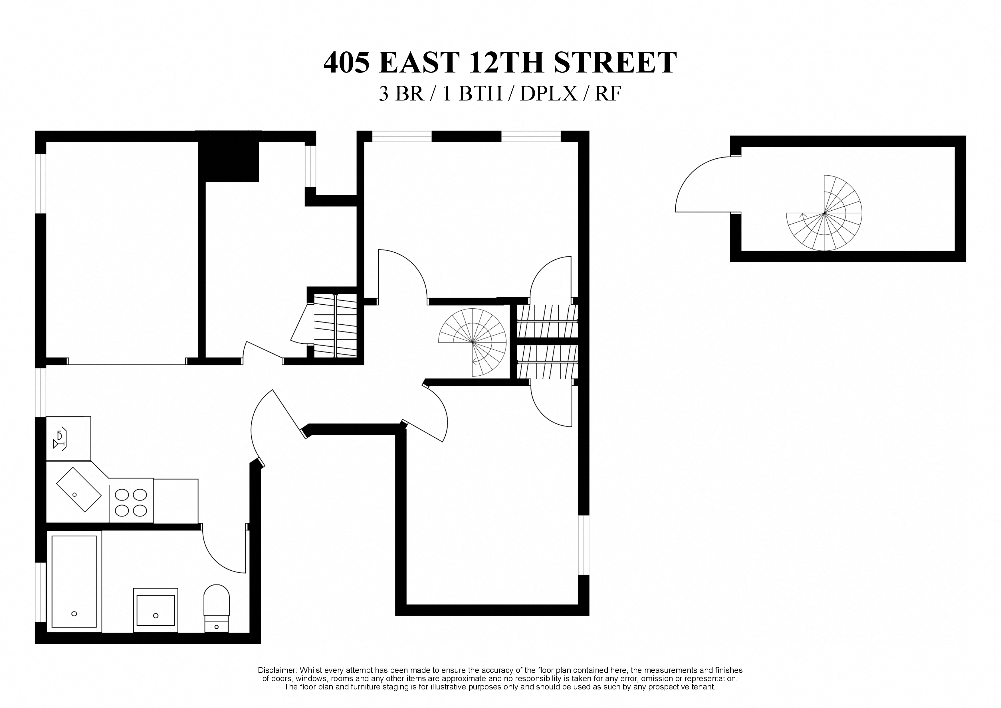 2D floor plan of 3 bedroom, one bathroom, duplex and roof deck at 405 East 12th street