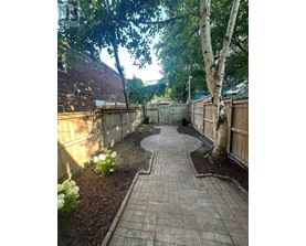 A backyard with a brick pathway and a white birch tree.