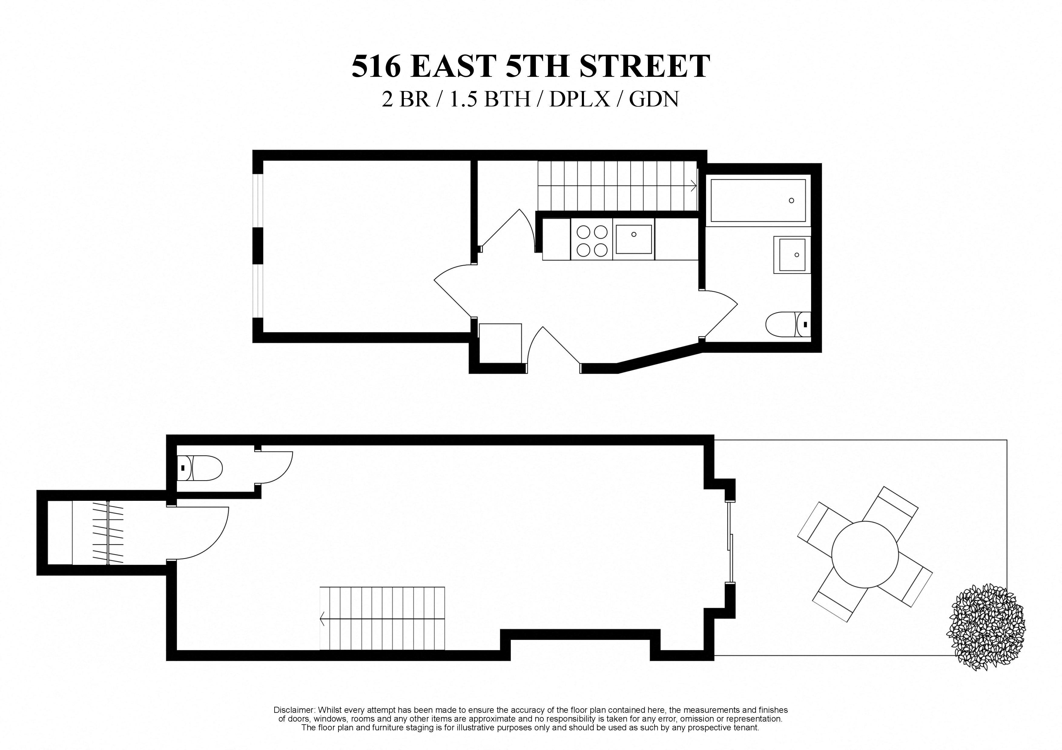 floor plan for 2 bedroom duplex with 1.5 bathroom and private garden at 516 East 5th street