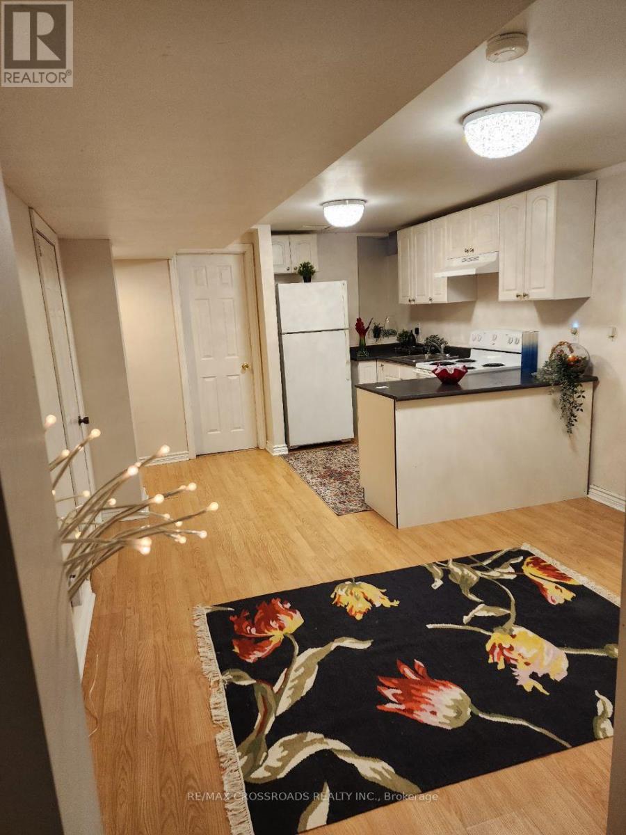 A kitchen with a rug on the floor and lights on the ceiling.
