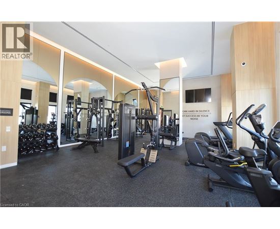 A gym with a variety of equipment including treadmills, weights, and exercise machines.