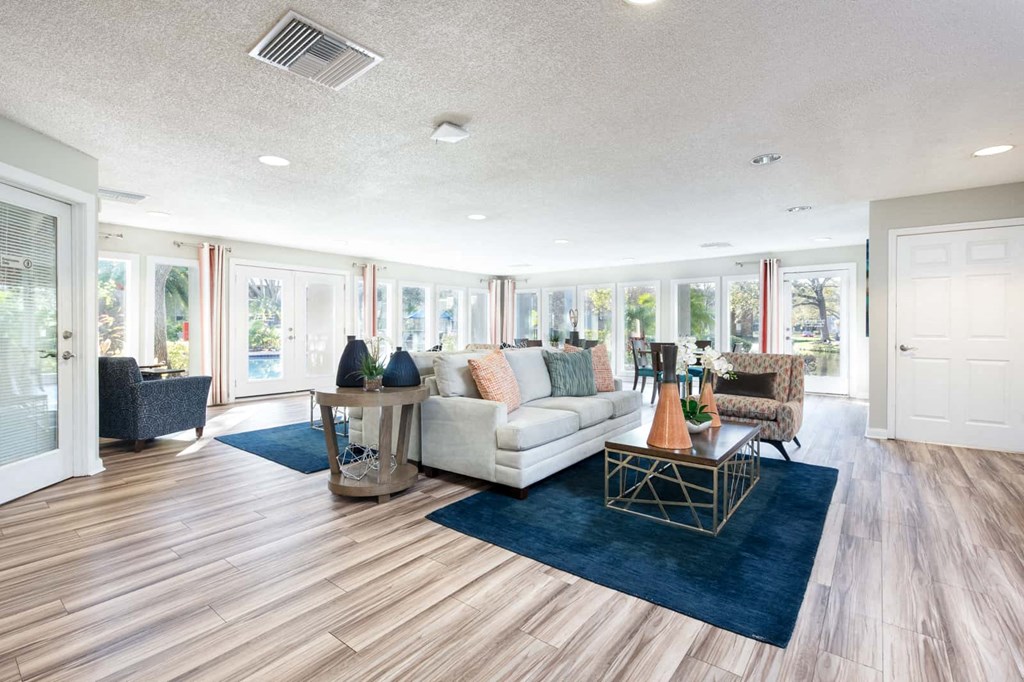 a living room with a couch and a table