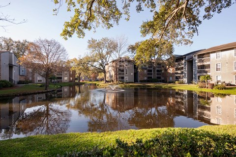 a large pond with buildings on the other side of it