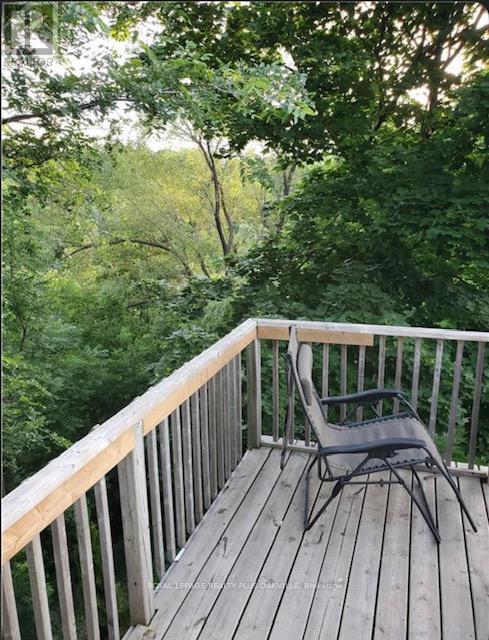 A chair is on a wooden deck with trees in the background.