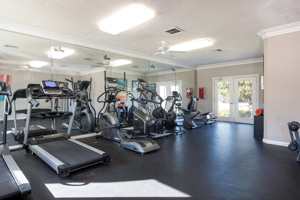 the gym is fully equipped with cardio machines and weights