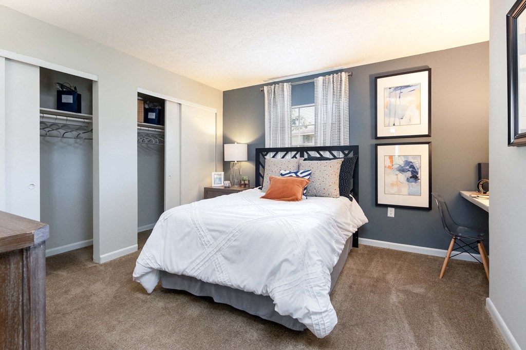 a bedroom with a bed and a closet