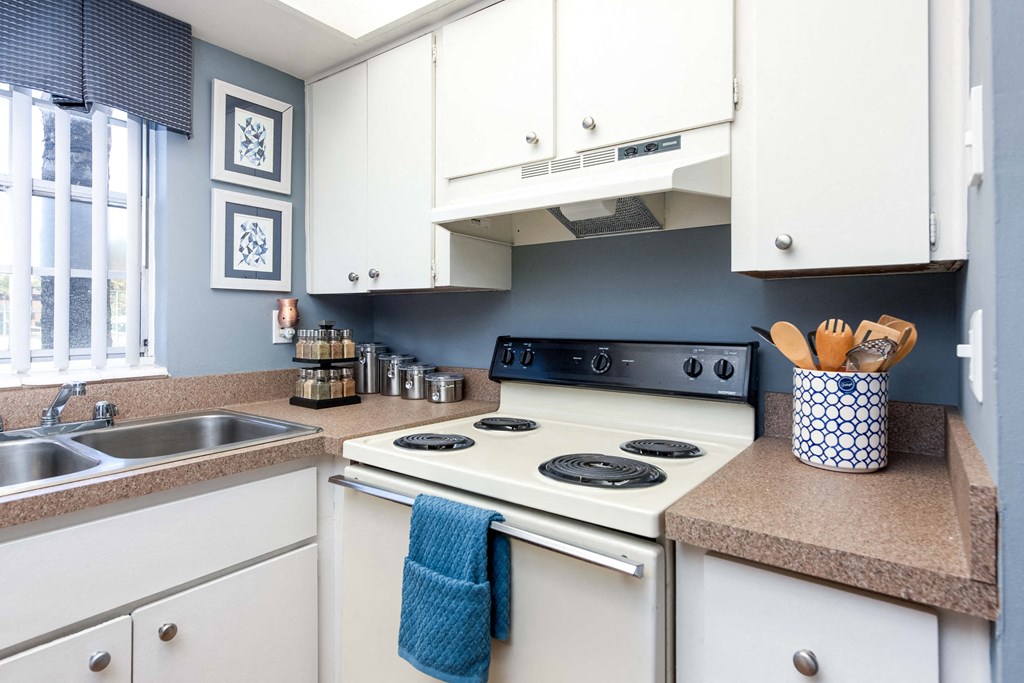 a kitchen with white cabinets and a stove and sink