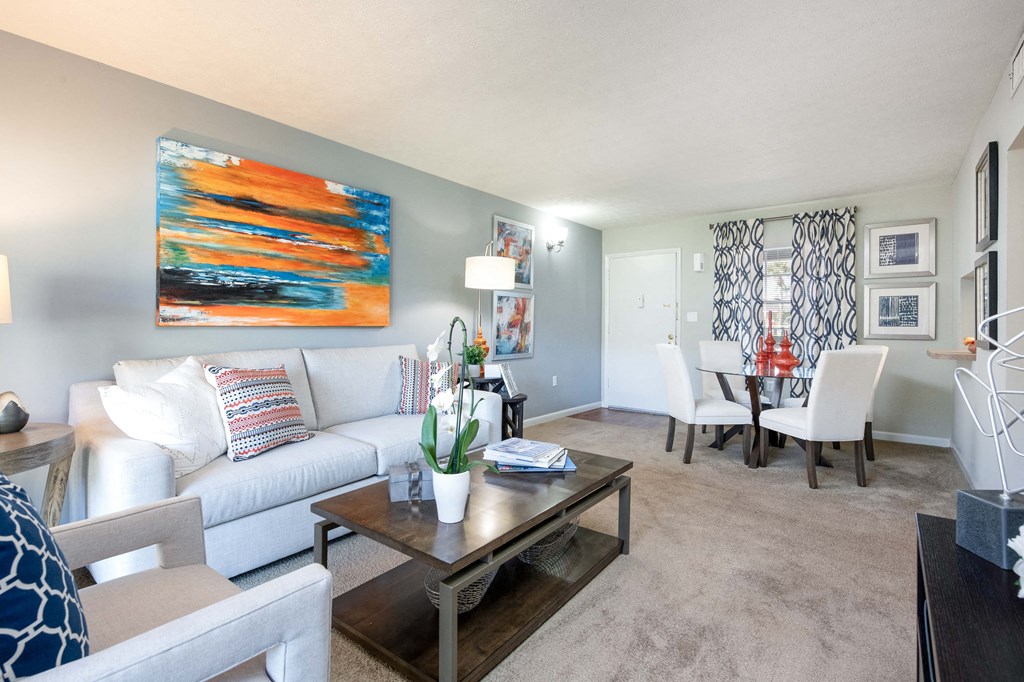 a living room with a couch and a coffee table