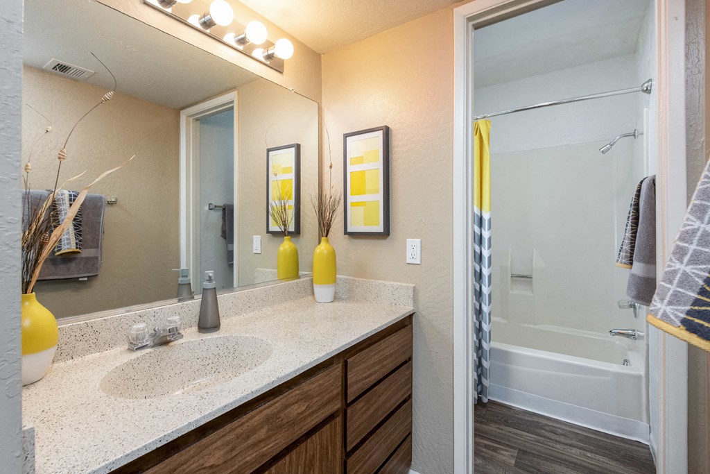 a bathroom with a shower and a sink and a mirror